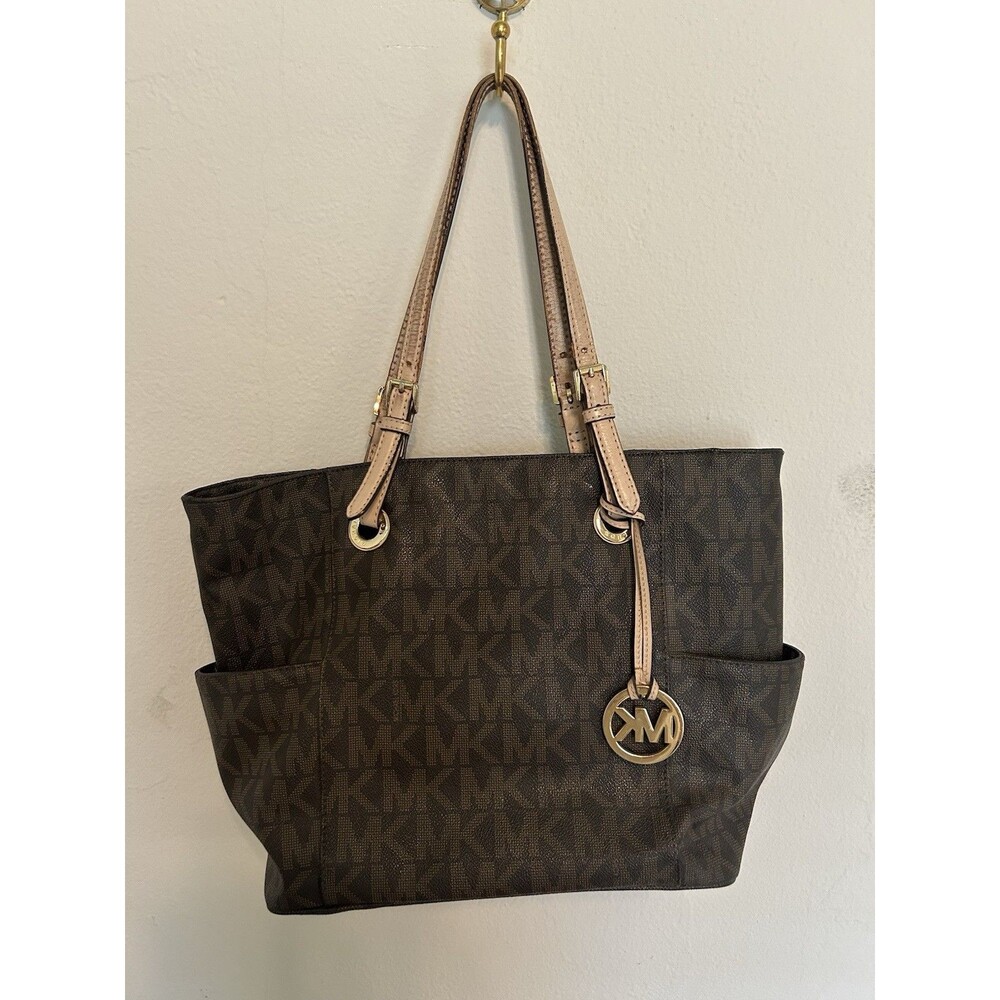 Michael Kors Jet Set Tote Bag Signature Brown Monogram Coated Canvas Preppy